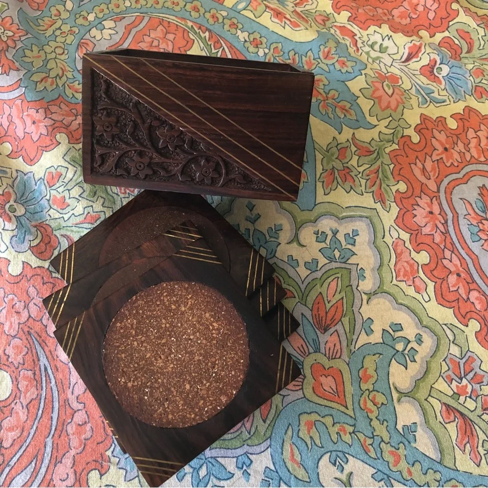 Vintage Rosewood Box with Set of Six Coasters. Brass Inlay and Floral Carving